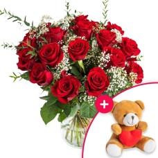 Bouquet of 20 roses with plaster | Bear with heart